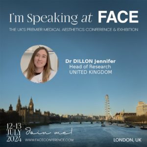 The background image is a London landscape image of the the River Thames with Houses of Parliament on the left and Big Ben on the right. On top of this background is a circular image of Dr Jennifer Dillon with mention of her job role as Head of Research and the FACE conference she is speaking at in July 2024.